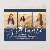 3フォトコラージュシンプルネイビーブルーホワイト卒業 案内ポストカード (正面)