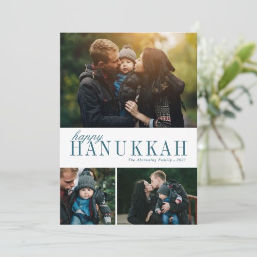 3フォトコラージュシンプルモダンティール（緑がかった色）ハヌカフォト シーズンカード (スタンド正面)