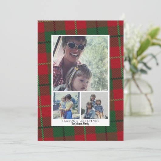 3フォトコラージュシーズンのグリーティングレッドグリーンプレイド シーズンカード (スタンド正面)