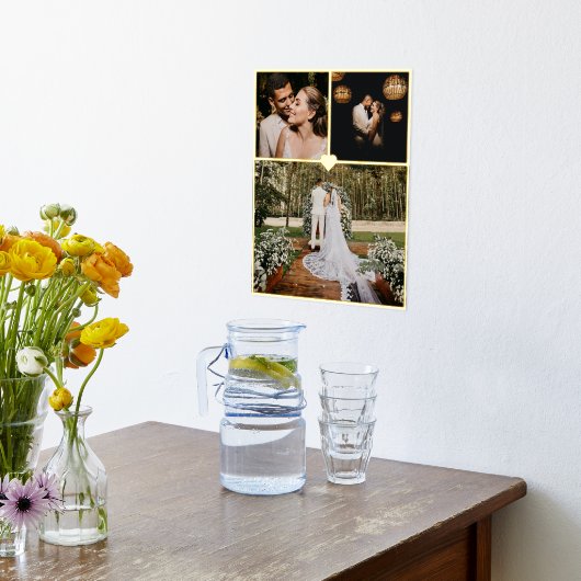 3フォトコラージュパーソナライズされた金ゴールドハートフォイルプリント 箔ポスター (レイダウン (キッチン))