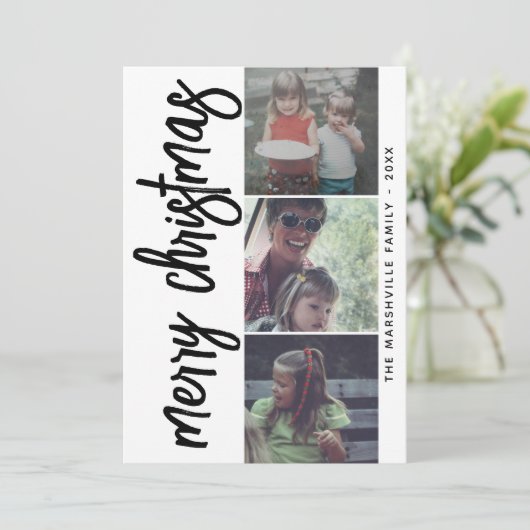 3フォトコラージュメリークリスマス – 白黒 シーズンカード (スタンド正面)