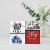 3フォトコラージュモダンハッピーホリデイズレッド シーズンポストカード (スタンド正面)
