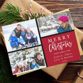 3フォトコラージュモダンメリークリスマスレッド シーズンカード