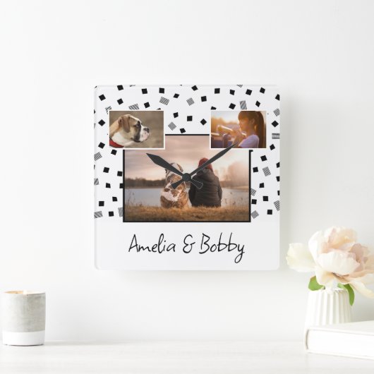 3フォトコラージュモダン白黒クリスマス スクエア壁時計 (ホーム)