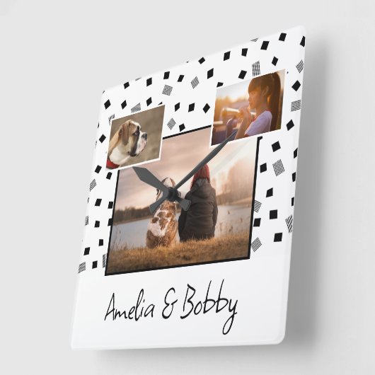 3フォトコラージュモダン白黒クリスマス スクエア壁時計 (傾斜)