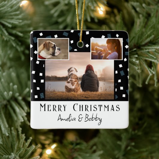3フォトコラージュモダン白黒クリスマス セラミックオーナメント (ツリー)