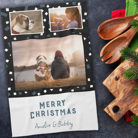 3フォトコラージュモダン白黒ブルークリスマス キッチンタオル