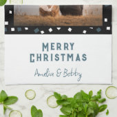 3フォトコラージュモダン白黒ブルークリスマス キッチンタオル (折り畳み)