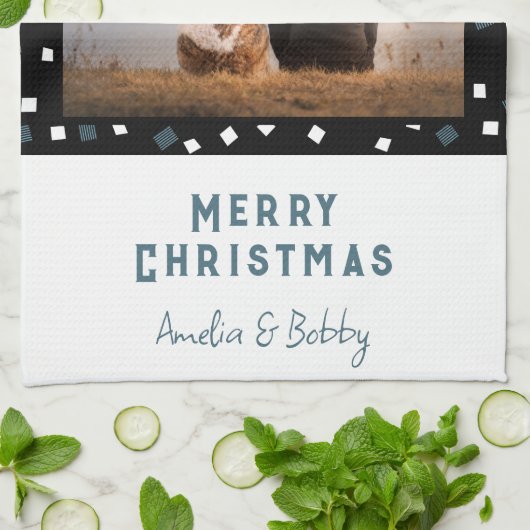 3フォトコラージュモダン白黒ブルークリスマス キッチンタオル (折り畳み)