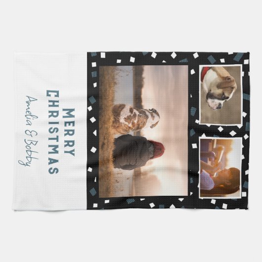 3フォトコラージュモダン白黒ブルークリスマス キッチンタオル (横)