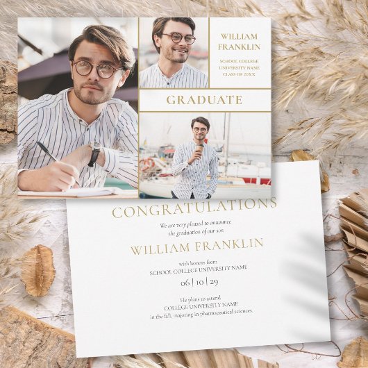 3フォトコラージュモダン金ゴールド卒業 案内状