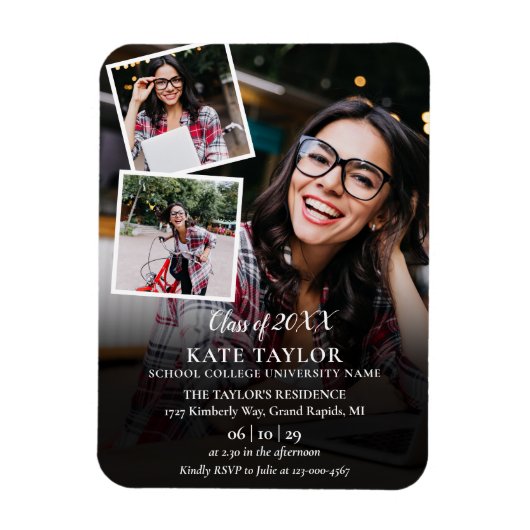 3フォトコラージュ卒業パーティー招待状マグネット マグネット (縦)