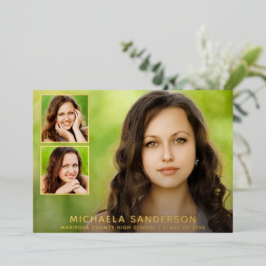 3フォトコラージュ学校卒業発表 箔招待状 (立ち正面)