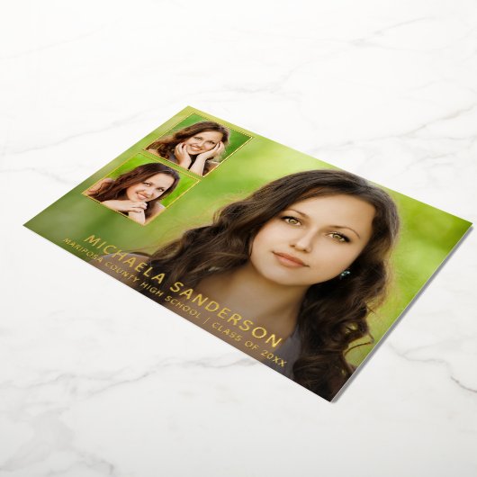 3フォトコラージュ学校卒業発表 箔招待状 (回転した状態)