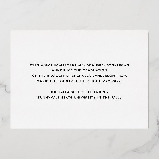 3フォトコラージュ学校卒業発表 箔招待状 (裏面)