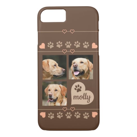 3フォトコラージュ犬の名前ブラウンハート Case-Mate iPhoneケース (裏面)