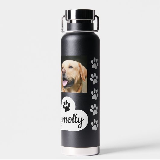 3フォトコラージュ犬の名前(白黒)ハート ウォーターボトル (背面)