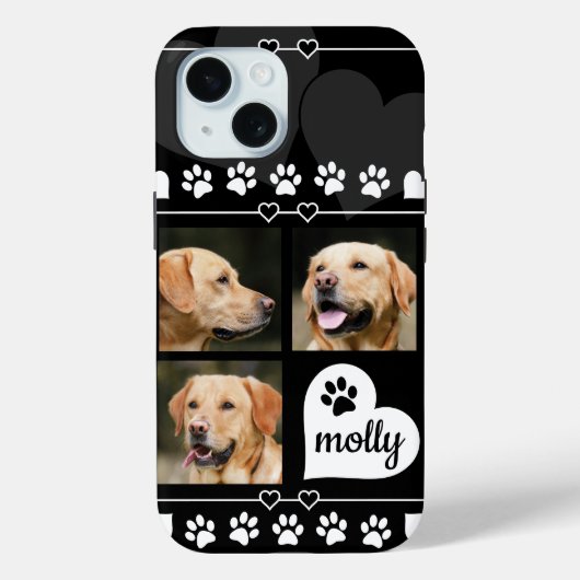 3フォトコラージュ犬の名前（白黒）ハート Case-Mate iPhoneケース (裏面)