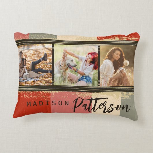 3フォトコラージュ素朴抽象芸術パーソナライズされた名 アクセントクッション (裏面)