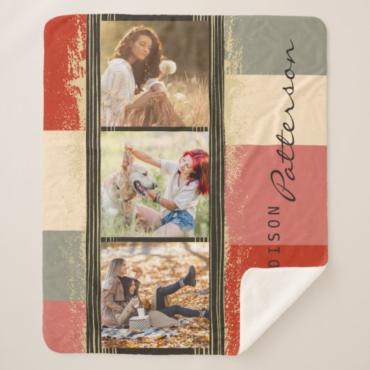 3フォトコラージュ素朴抽象芸術パーソナライズされた名 シェルパブランケット (正面)