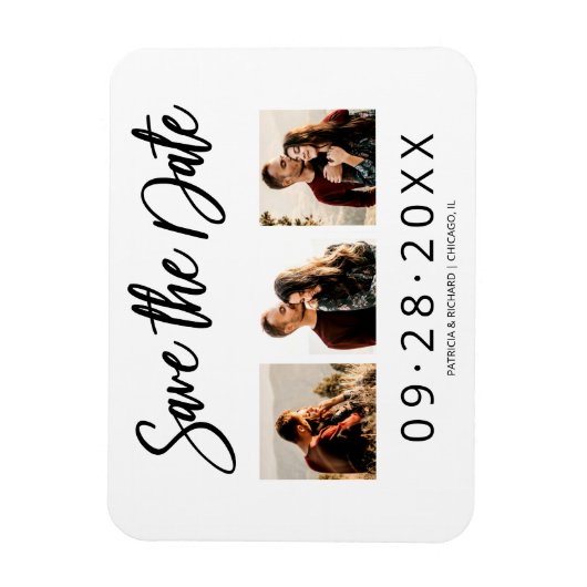 3フォトコラージュ結婚式の日付を保存 マグネット (縦)