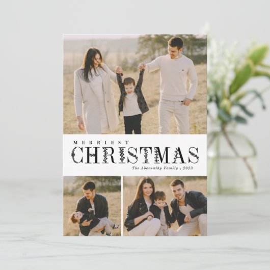 3フォトコラージュ緑の文字クリスマスブラック シーズンカード (スタンド正面)