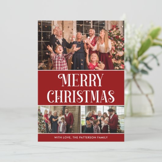 3フォトコラージュ赤と白メリークリスマス シーズンカード (スタンド正面)