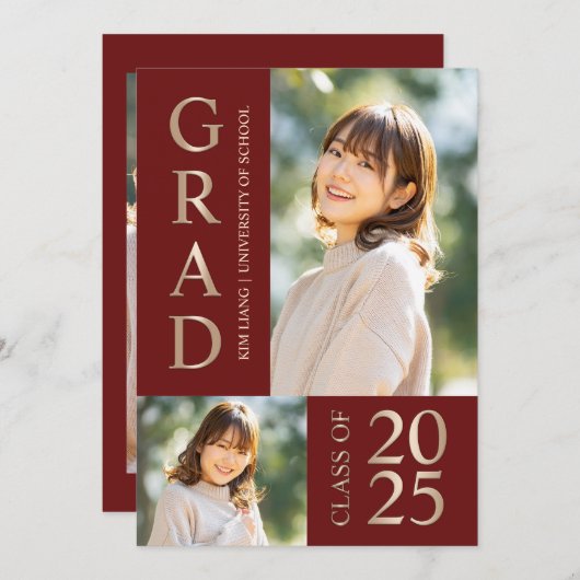 3フォトコラージュ赤&ベージュ卒業パーティー 招待状 (正面/裏面)