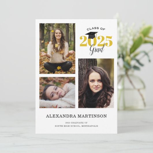 3フォトコラージュ金ゴールドとブラック卒業パーティー 招待状 (スタンド正面)