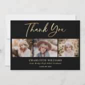 3フォトコラージュ黒モダン金ゴールド卒業 サンキューカード (正面)