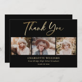 3フォトコラージュ黒モダン金ゴールド卒業 サンキューカード (正面/裏面)