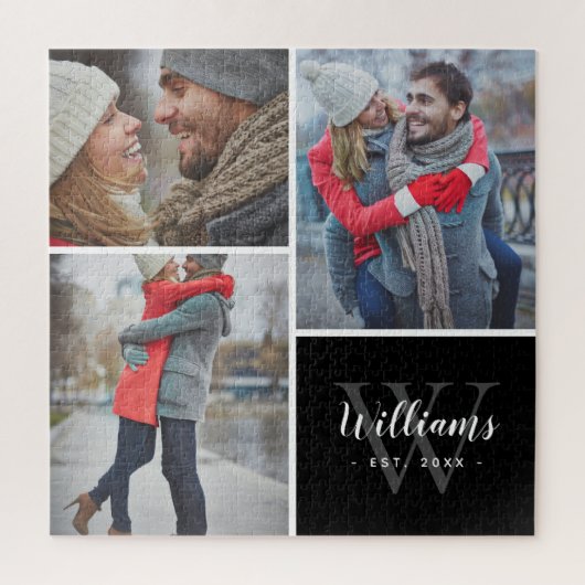 3フォトコラージュ&モカスタムノグラム |黒 ジグソーパズル (縦)