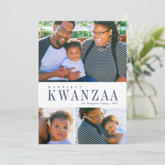 3フォトコラージュ・絵を描金ゴールド・ネービー・クワンザ・フォト シーズンカード (スタンド正面)