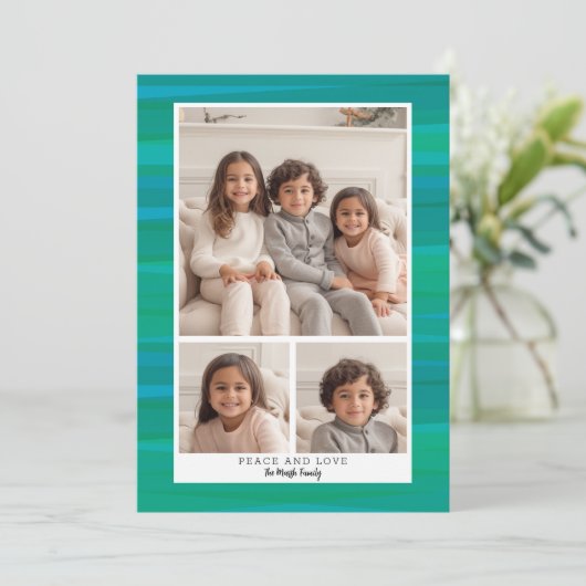 3フォトコラージュ – 青い緑の水色クリスマス シーズンカード (スタンド正面)