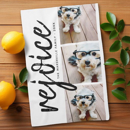 3フォトコラージュ – Merry モダン Christmas Rejoice キッチンタオル