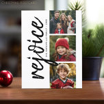 3フォトコラージュ – Merry モダン Christmas Rejoice ポストカード<br><div class="desc">3つの写真を使用しユニークて、白黒のテーマとトレンディーメリークリスマスグリーティングを作る。変更をもし行うにはのまわりにクリック、ボタンにカスタマイズ何も移動する必要がある。</div>