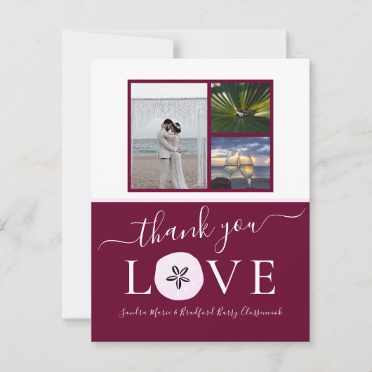 3フォトコラージュBurgundy Pink Sand dollar 結婚's サンキューカード (正面)