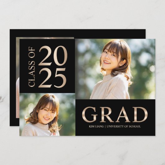 3フォトコラージーブラック&ベージュ卒業パーティー 招待状 (正面/裏面)