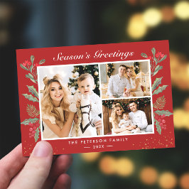3フォトシーズンのグリーティングホリーベリーのクリスマス シーズンカード