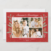 3フォトシーズンのグリーティングホリーベリーのクリスマス シーズンカード (正面)