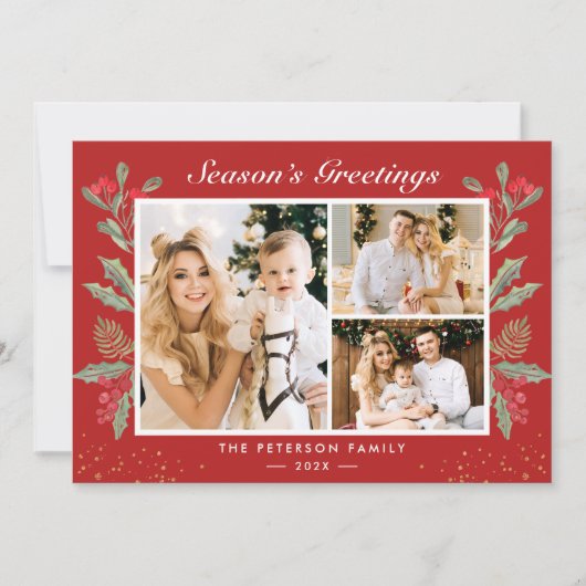 3フォトシーズンのグリーティングホリーベリーのクリスマス シーズンカード (正面)