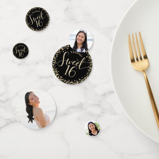 3フォトスイート16誕生日ブラック金ゴールドグリッター ガーリー コンフェッティ (グループ)