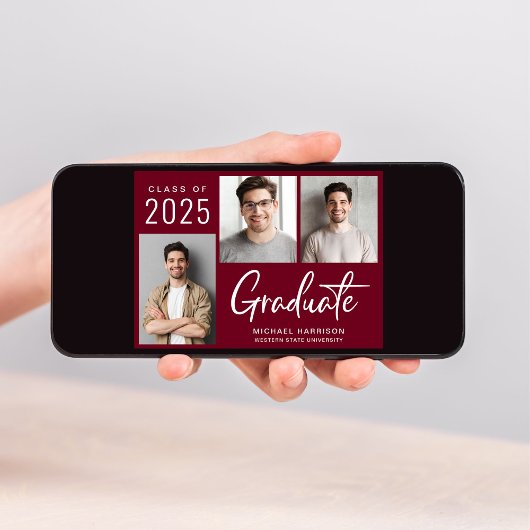 3フォトスクリプトモダンバーガンディ卒業 案内状