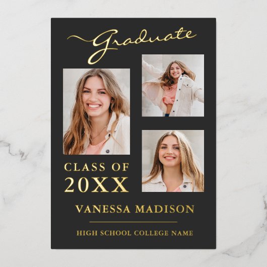 3フォトスクリプモダントのグレーのグラード発表 箔招待状 (正面)