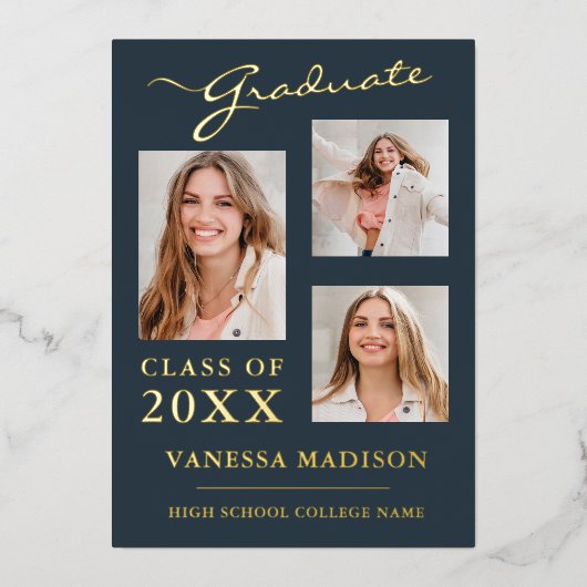 3フォトスクリプモダントほこりっぽい青のグラード発表 箔招待状 (正面)