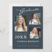 3フォトスクリプモダントほこりっぽい青の卒業 案内状 (正面)