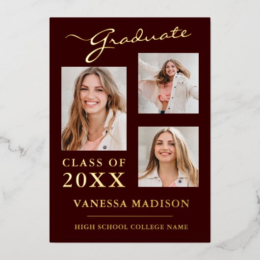 3フォトスクリプモダントBurgundy Grad発表 箔招待状 (正面)