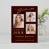 3フォトスクリプモダントBurgundy Grad発表 箔招待状 (立ち正面)