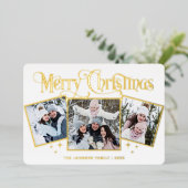 3フォトスパークルメリークリスマスグリーティング金ゴールド 箔シーズンカード (立ち正面)