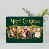 3フォトスパークルメリークリスマスグリーティング金ゴールド 箔シーズンカード (立ち正面)